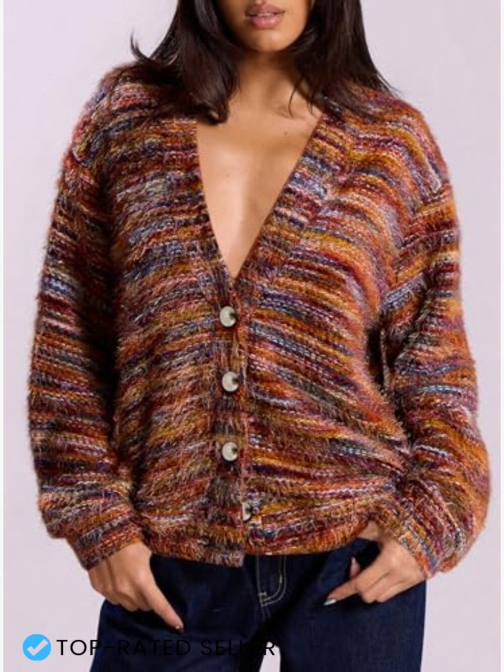 Striped V-Neck Cardigan Fuzzy Knit Oversized Chic Fall Winter Outerwear - Picture 4 of 7